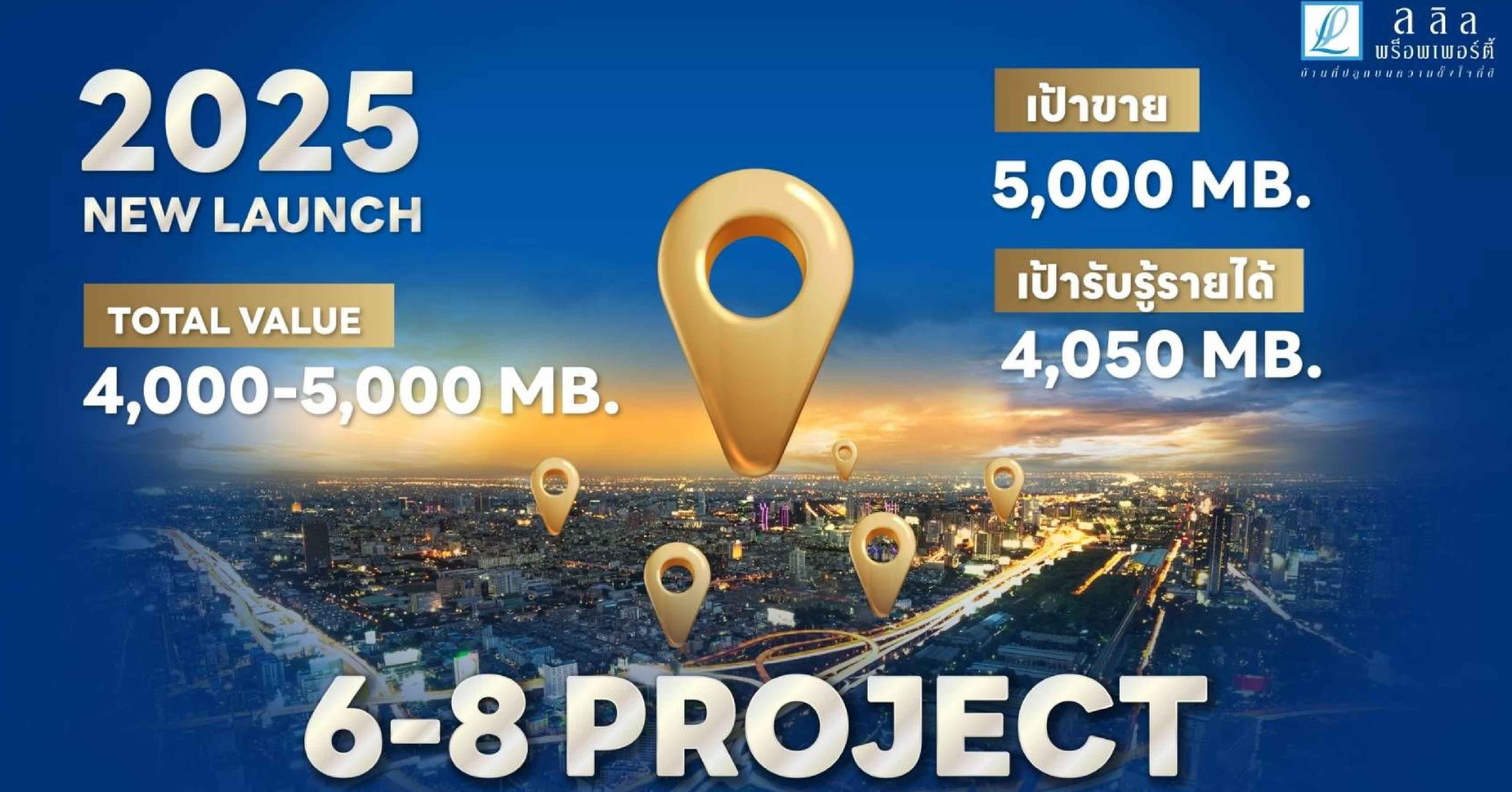  ลลิล แถลงปี 2568 มีแผนเปิดโครงการใหม่ 6-8 โครงการ มูลค่ารวม 4,000-5,000 ล้านบาท ตั้งเป้ายอดขาย 5,000 ล้านบาทและรับรู้รายได้ 4,050 ล้านบาท 