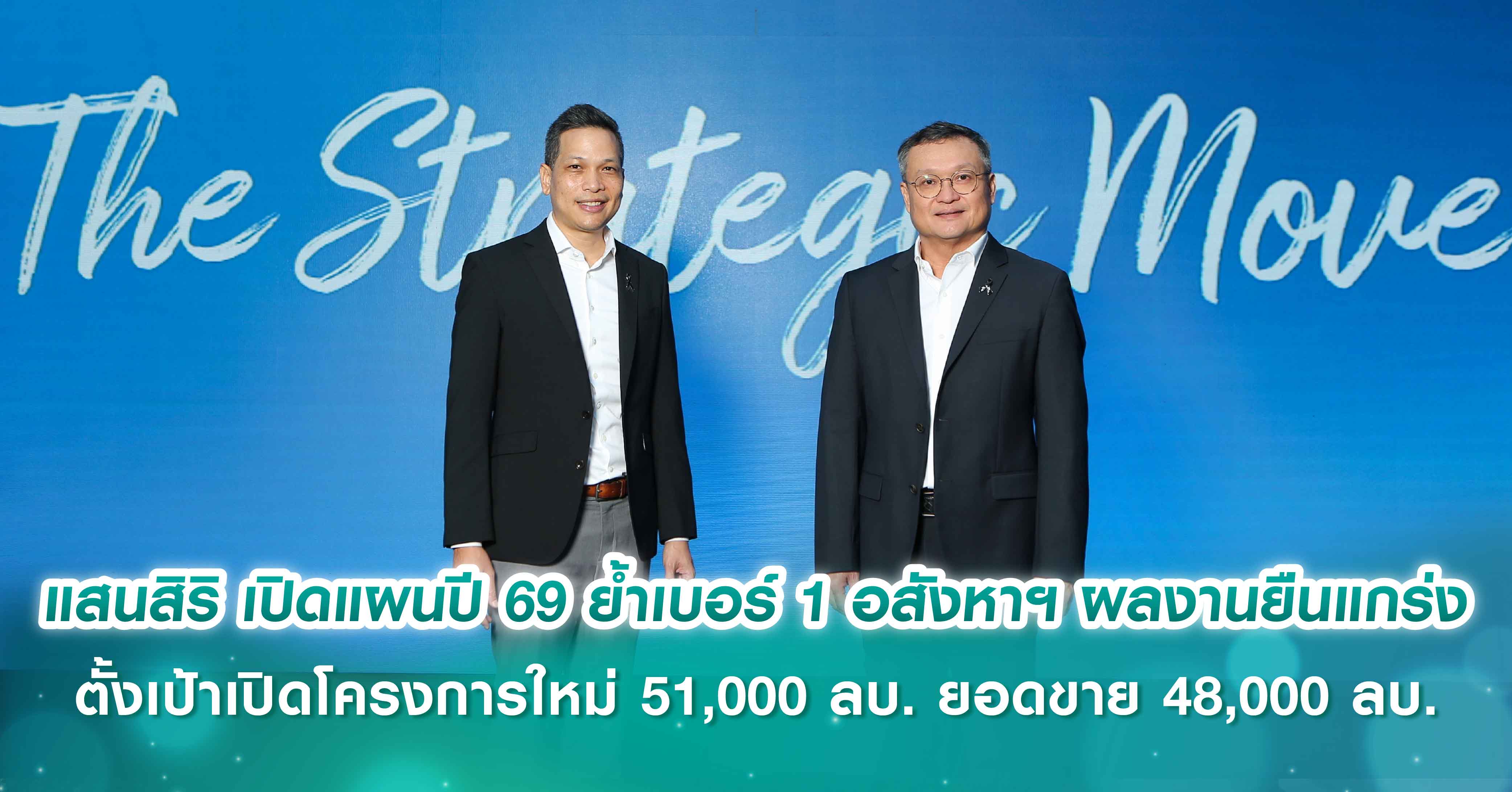 แสนสิริ เปิดแผนปี 69 พร้อมรับมือเศรษฐกิจผันผวนด้วยรากฐานที่มั่นคง  ย้ำเบอร์ 1 อสังหาฯ ผลงานยืนแกร่ง - ชู 4 กลยุทธ์เติบโตยั่งยืน  ตั้งเป้าเปิดโครงการใหม่ 51,000 ลบ. I ยอดขาย 48,000 ลบ. I ยอดโอน 39,000 ลบ.