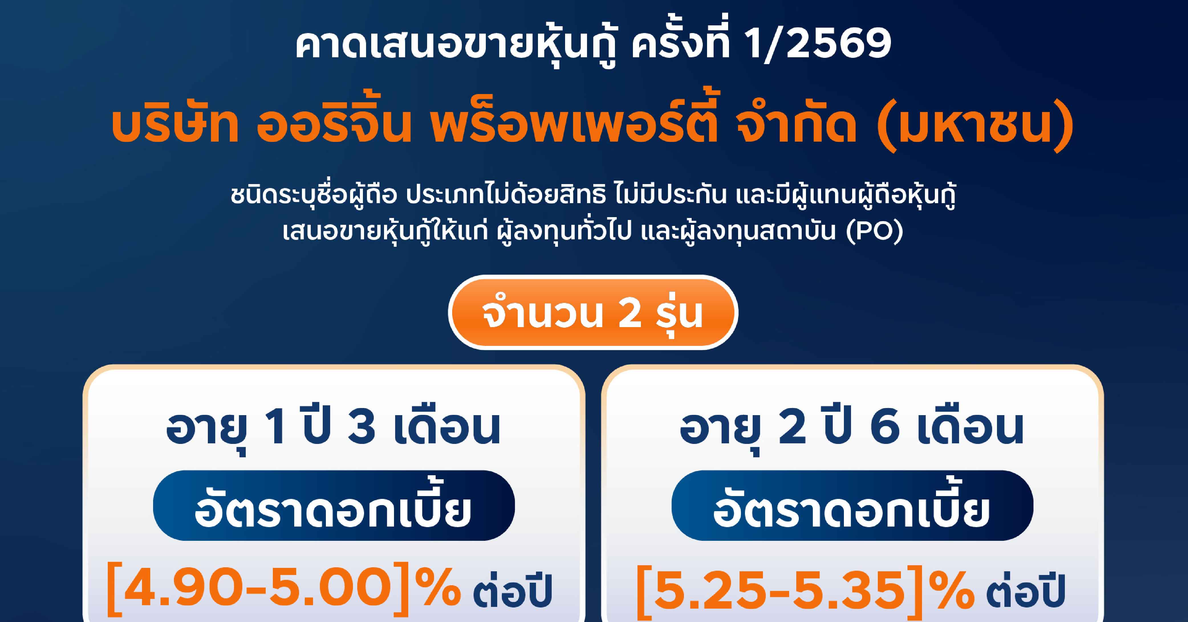 ORI คาดว่าจะเสนอขายหุ้นกู้ล็อตแรก ปี 2569 จำนวน 2 ชุด  ชูอัตราดอกเบี้ย [4.90 - 5.35]% ผ่าน 10 สถาบันการเงิน ลุยโอนคอนโดฯใหม่เพิ่มอีก 9 โครงการ มี Backlog แล้วกว่า 70%
