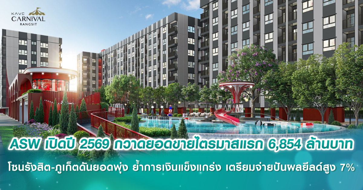 ASW เปิดปี 2569 กวาดยอดขายไตรมาสแรก 6,854 ล้านบาท โซนรังสิต-ภูเก็ตดันยอดพุ่ง ย้ำการเงินแข็งแกร่ง เตรียมจ่ายปันผลยีลด์สูง 7%