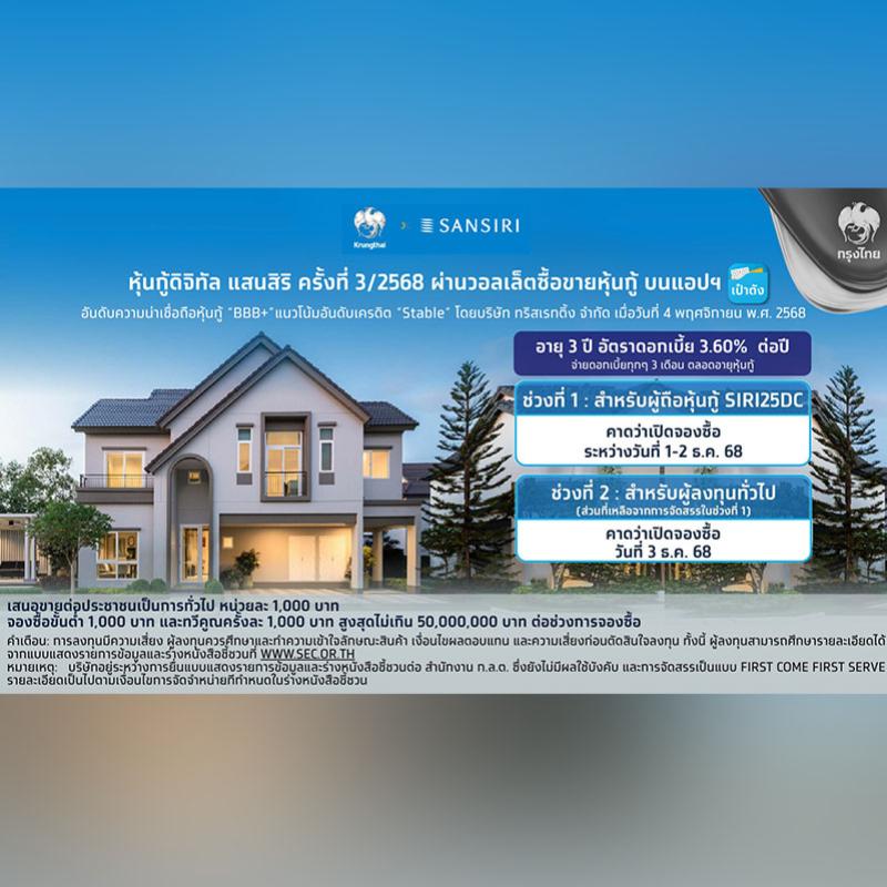 แสนสิริ–กรุงไทย เตรียมออก “หุ้นกู้ดิจิทัลแสนสิริ” ผ่านแอป “เป๋าตัง” จองซื้อขั้นต่ำ 1,000 บาท ดอกเบี้ย 3.60% ต่อปี จ่ายทุก 3 เดือน คาดเปิดจองวันที่ 1 ธ.ค.นี้ 