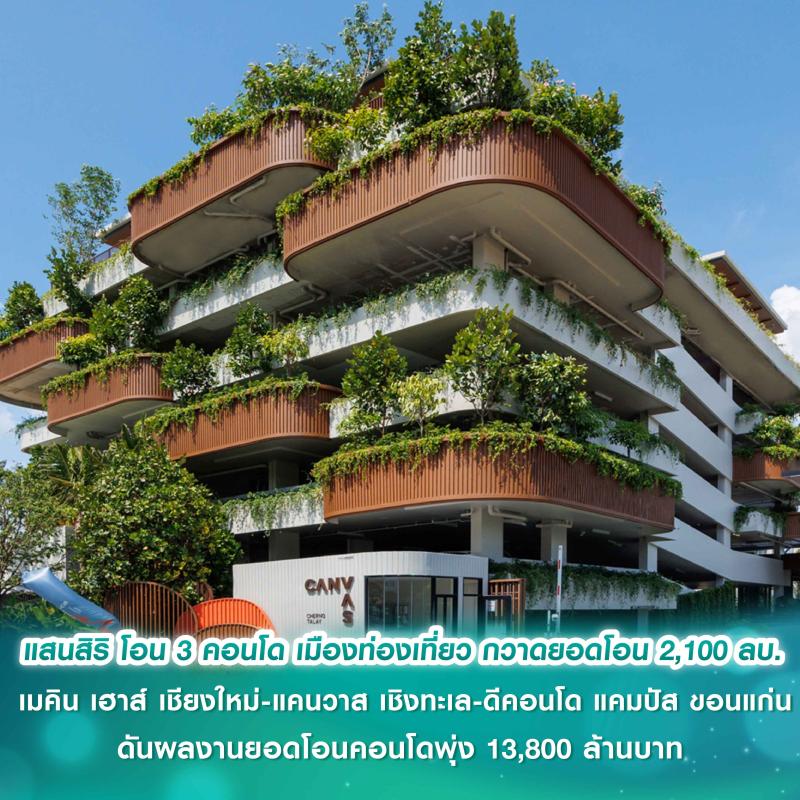 แสนสิริโอน 3 คอนโด เมืองท่องเที่ยว กวาดยอดโอนอีก 2,100 ล้านบาท  เมคิน เฮาส์ เชียงใหม่ – แคนวาส เชิงทะเล - ดีคอนโด แคมปัส ขอนแก่น ดันผลงานยอดโอนคอนโดพุ่ง 13,800 ล้านบาท  เตรียมขึ้นแท่นเบอร์หนึ่งสร้างผลงานคอนโดสูงสุดปี 2568