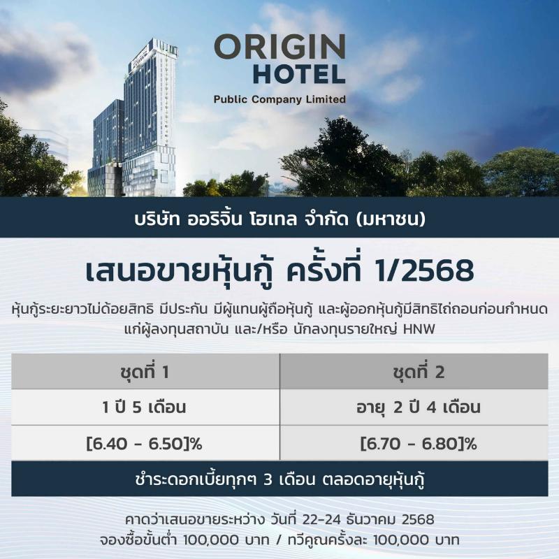ออริจิ้น โฮเทล เตรียมเสนอขายหุ้นกู้ครั้งที่ 1/2568 ชูอัตราดอกเบี้ยระหว่าง [6.40 - 6.80]% ต่อปี คาดเปิดจองระหว่างวันที่ 22 - 24 ธันวาคมนี้