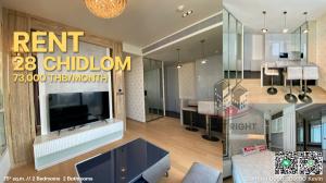For RentCondoWitthayu, Chidlom, Langsuan, Ploenchit : Room for rent, 28 Chidlom, 2 bed, 2 bath, 75 sq.m., 3x fl, corner room, beautiful view, new decoration, built-in, whole room, fully furnished, complete electrical appliances Special price73,000/m, 1 year contract