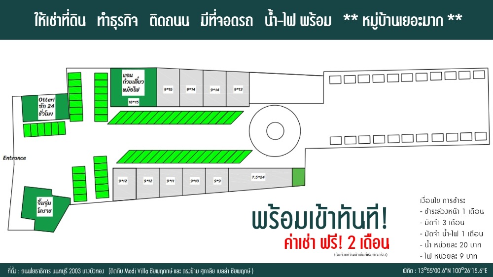 ให้เช่าที่ดินนนทบุรี บางใหญ่ บางบัวทอง : ฟรี 2 เดือน ให้เช่าที่ดินค้าขาย ติดถนน ถมแล้ว มีที่จอดรถ น้ำ-ไฟ พร้อม