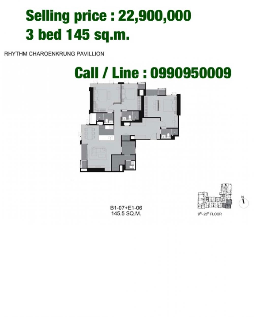 For SaleCondoSathorn, Narathiwat : 3 bed 145 sq.m. Selling price : 22,900,000 call/Line : 0990950009