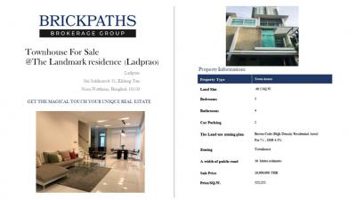 For SaleTownhouseLadprao, Central Ladprao : Sale/rent 3.5 storey townhome in The Landmark Residence project near MRT Lat Phrao.