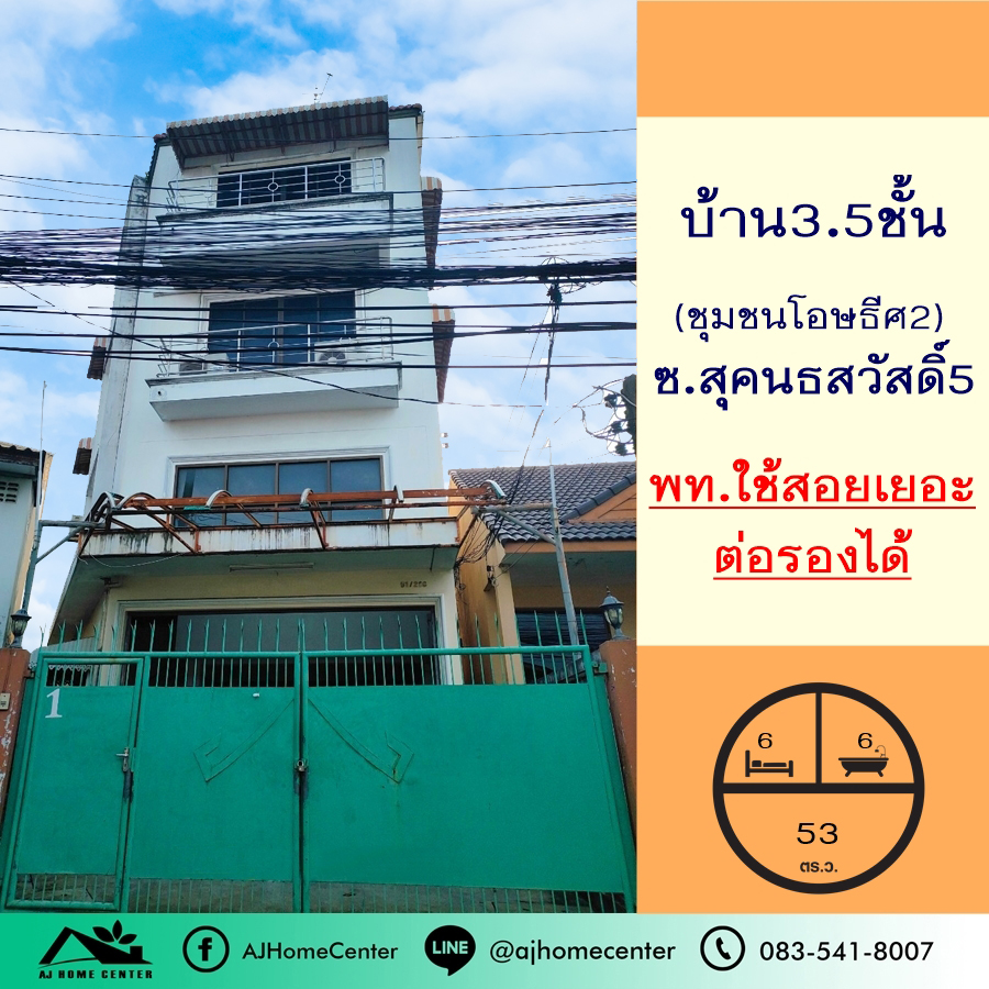 For SaleShophouseKaset Nawamin,Ladplakao : Single house for sale, 3.5 floors, 53 sq m. Soi Sukonthasawat 5. Near Satriwit 2 6, parking lot area, price can be discussed.