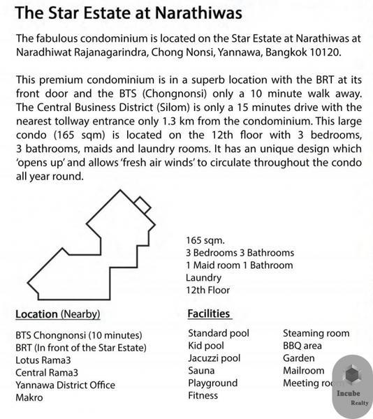 ขายคอนโดสาทร นราธิวาส : ขาย เดอะ สตาร์ เอสเตท แอท นราธิวาสราชนครินทร์-The Star Estate @ Narathiwas 3 ห้องนอน 165.1 ตรม.