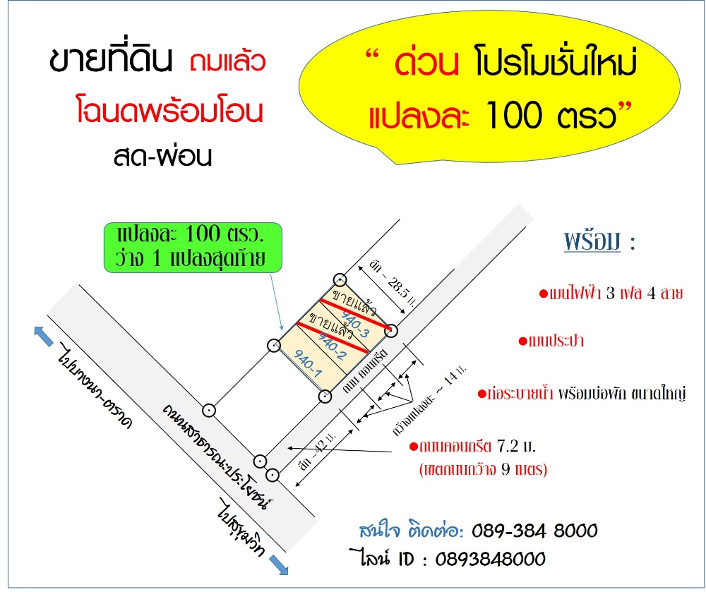 ขายที่ดินฉะเชิงเทรา : ขายที่ดินถมแล้ว 100 ตรว. แปลงสุดท้าย โปรโมชั่นใหม่ล่าสุด ใกล้เทศบาลตำบลบางปะกงพรหมเทพรังสรรค์ ติดถนนคอนกรีต