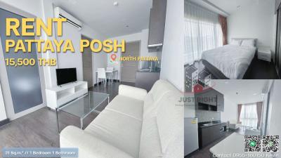 For RentCondoPattaya, Bangsaen, Chonburi : For rent, ready to move in, Pattaya Posh 1 bedroom 1 bathroom, size 26* sq.m., wide room, city view, Pattaya, special price from 18,000, reduced to only 15,500/month, contract term is 1 year only.