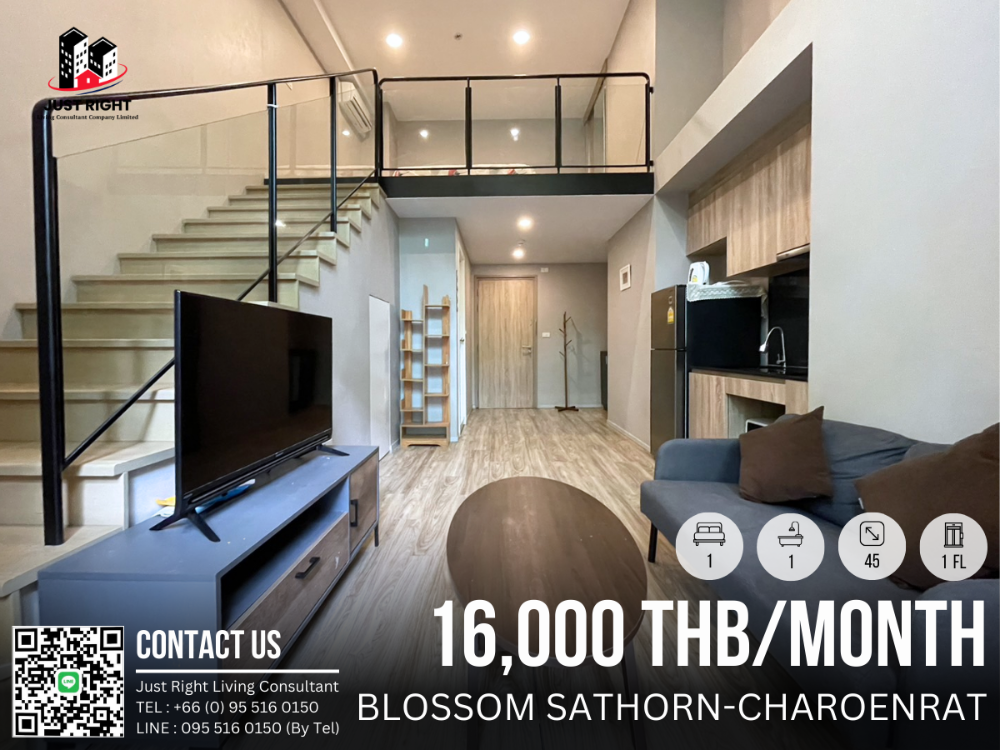 For RentCondoSathorn, Narathiwat : For Rent Blossom Condo Sathorn Charoenrat 1 Bed 1 Bath 45 Sqm. Loft Fully furnished Complete Electrical Appliances Price Only 16,000 baht / month