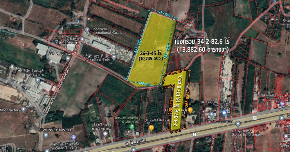 For SaleLandPak Chong KhaoYai : Land for sale in the middle of Dong Pak Chong, next to Mittraphap Road on the outbound side, size 34-2-82.6 rai, the plot faces south.