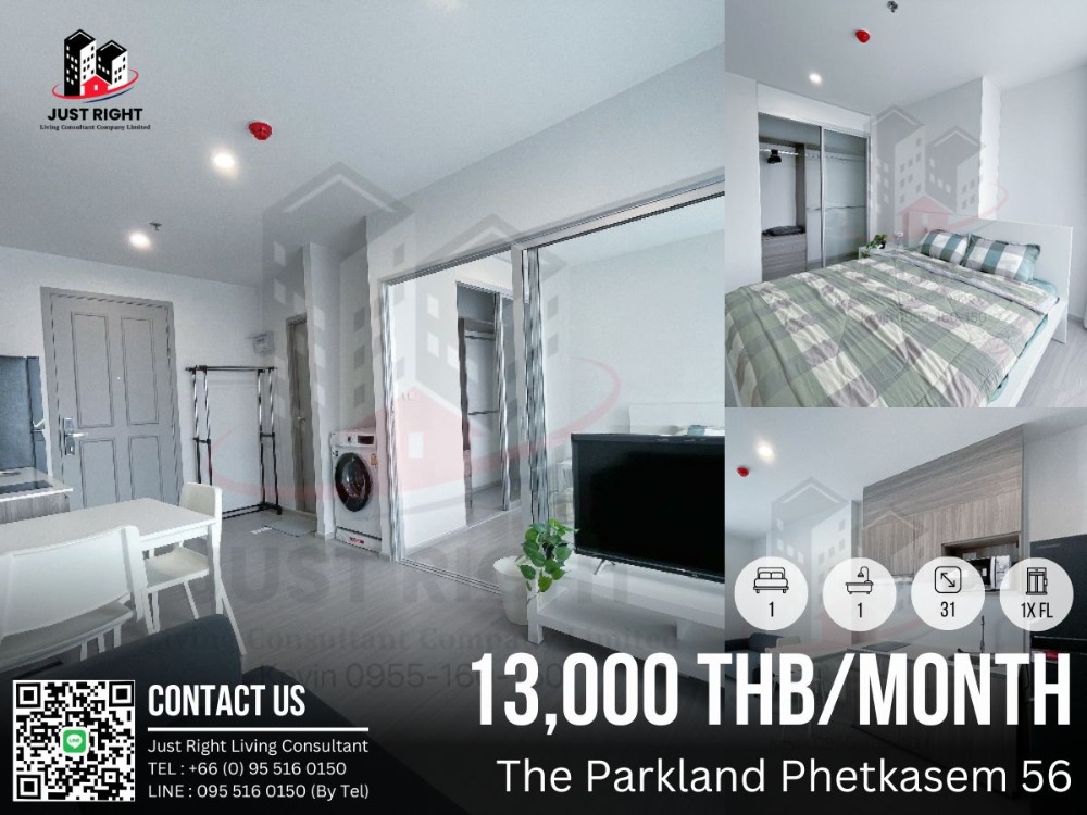For RentCondoBang kae, Phetkasem : For rent, The Parkland Phetkasem 56, 1 bedroom, 1 bathroom, size 31 sq.m, 1x Floor, Tower C, Fully furnished, only 13,000/m, 1 year contract only.