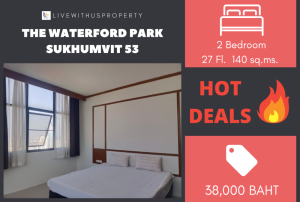 For RentCondoSukhumvit, Asoke, Thonglor : Urgent rent!! Cheapest on the web, high floor, beautiful view, very beautiful decoration, The Waterford Park Sukhumvit 53