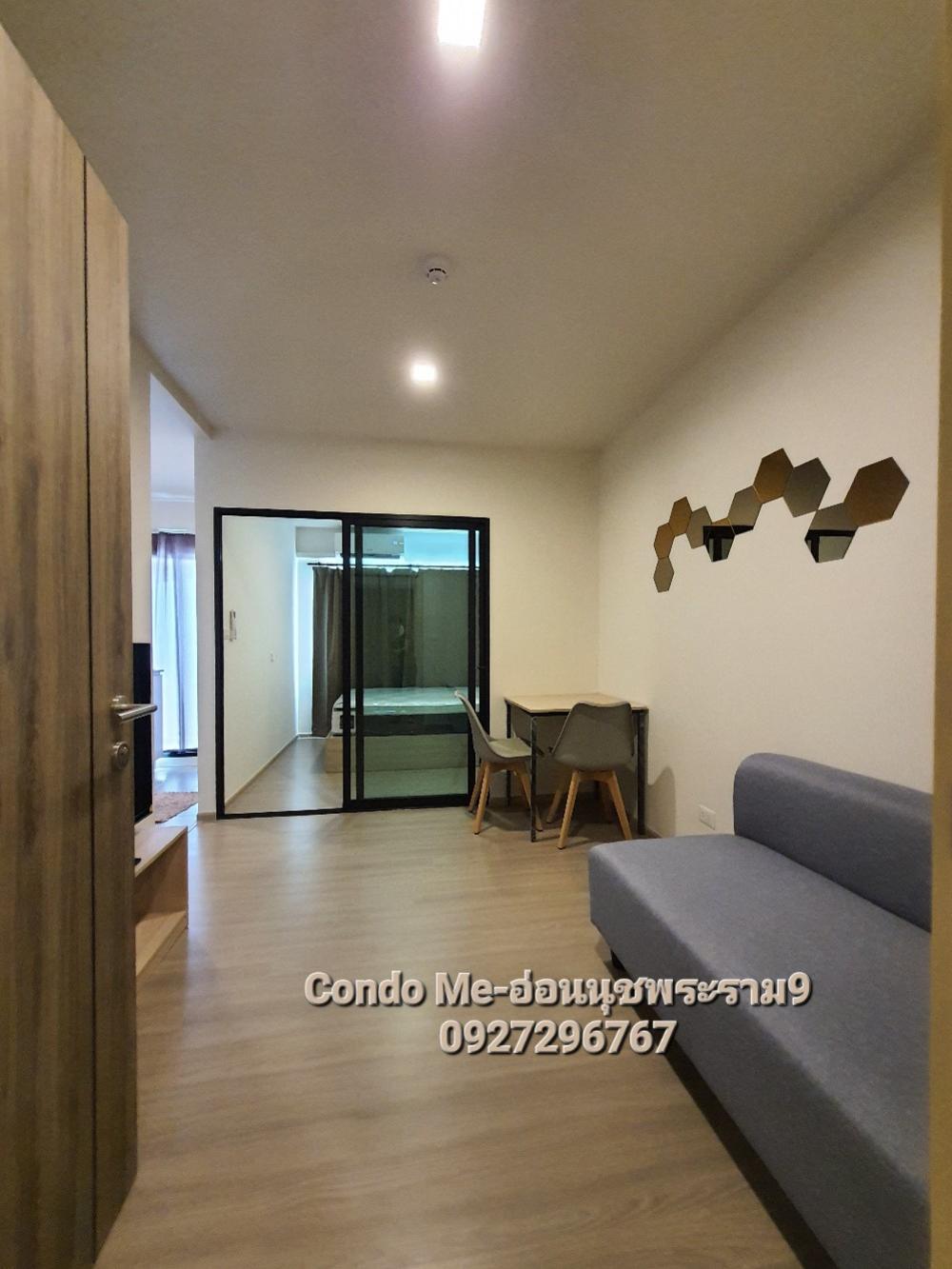 For RentCondoLadkrabang, Suwannaphum Airport : Condo has Condo ME, new project, New condo for rent !!️ Condo has (On Nut-Rama 9), new room, 24 sq m.✨️ 📸 Actual photos of the room. fully furnished Bed and mattress 5 feet, wardrobe, air conditioner, dining table, sofa, coffee table, smart TV, shelf, ref