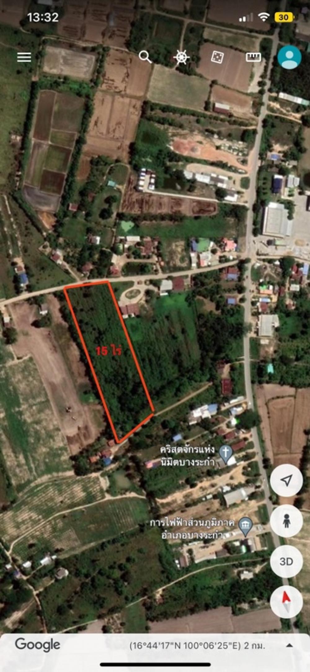 For SaleLandPhitsanulok : Land for sale, Bang Rakam District, Phitsanulok Province, 15 rai, about 100 meters wide, not flooded.
