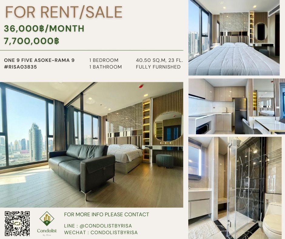 For RentCondoRama9, Petchburi, RCA : Risa03835 Condo for rent, One Night Five, Asoke, Rama 9, 40.6 sqm, 23rd floor, Building A, 36,000 baht only.