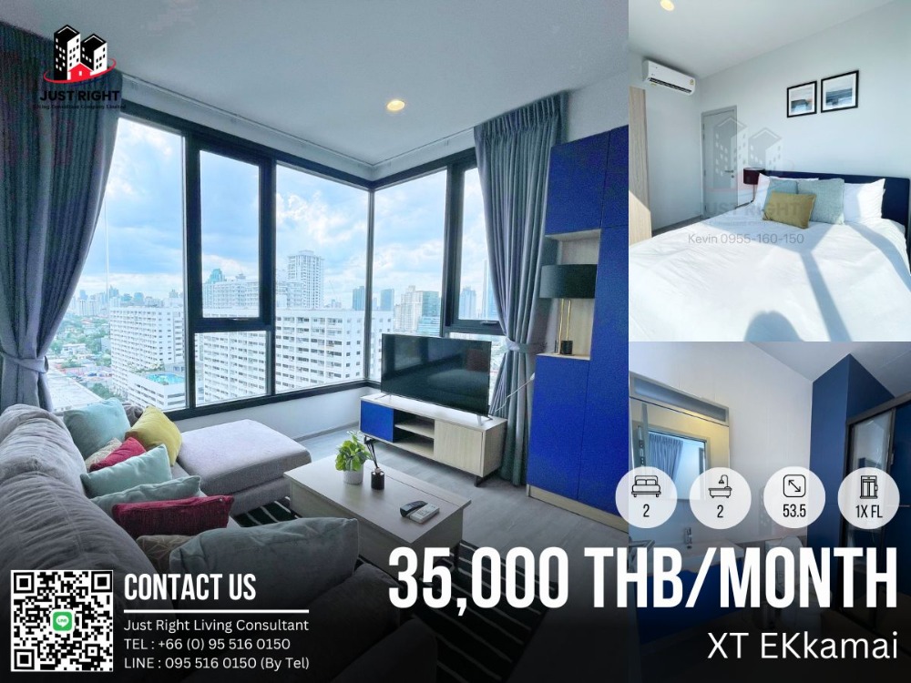 For RentCondoSukhumvit, Asoke, Thonglor : For rent, XT Ekkamai, 2 bedroom, 2 bathroom, size 53.5 sq.m, 1x Floor, Fully furnished, only 35,000/m, 1 year contract only. *Ready for viewing and move in 8/5/24*