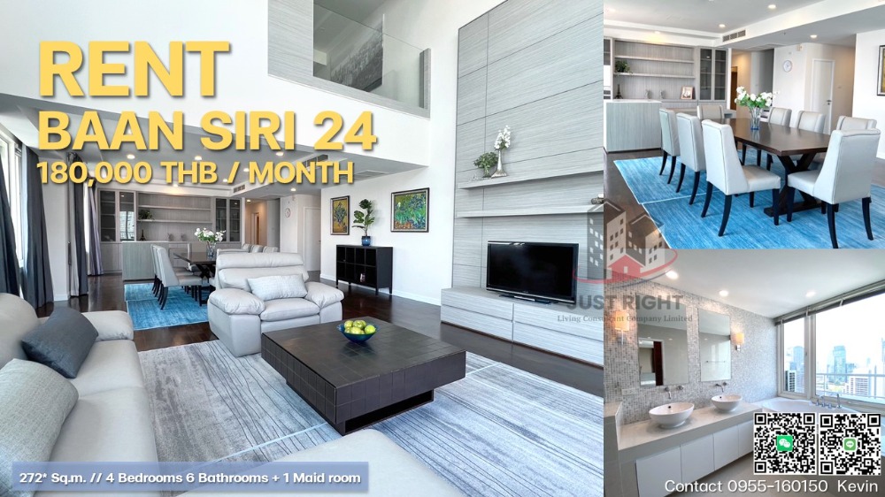 For RentCondoSukhumvit, Asoke, Thonglor : For rent, Baan Siri 24, 4 bedrooms, 6 bathrooms (Penthouse), 272 sq.m., High floors, beautiful view, economic center. Special price only 180,000/month, 1 year contract