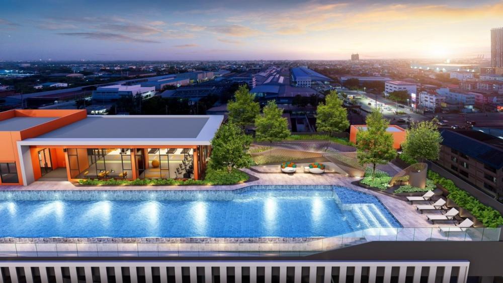Sale DownCondoSamut Prakan,Samrong : Pool view room Contract price 1.09 million plus a little, free contract change fee, no elevator attached, no electrical room and garbage room attached. Much cheaper than the project, The Origin Sukhumvit Phraeksa, High rise condo, 35 floors.
