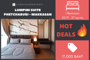 For RentCondoRama9, Petchburi, RCA : Urgent rent!! Cheapest on the web, high floor, beautiful view, very beautiful decoration, Lumpini Suite Phetchaburi - Makkasan