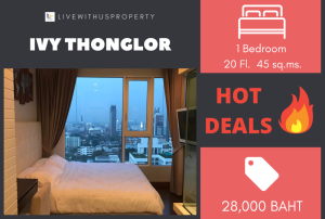For RentCondoSukhumvit, Asoke, Thonglor : Urgent rent!! Very good price, corner room, high floor, beautiful view, very beautiful decoration, IVY THONGLOR