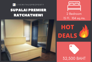For RentCondoRatchathewi,Phayathai : Urgent rent!! Very good price, corner room, high floor, beautiful view, very beautiful decoration Supalai Premier Ratchathewi