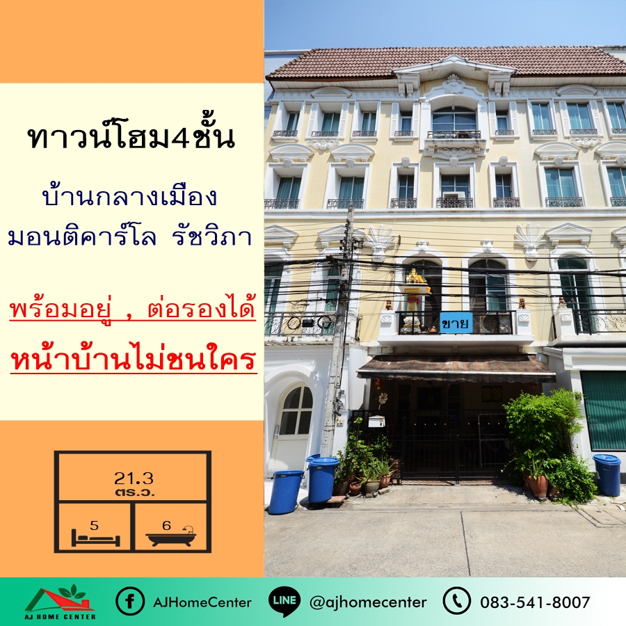 ขายทาวน์เฮ้าส์/ทาวน์โฮมเกษตรศาสตร์ รัชโยธิน : ทาวน์โฮม4ชั้น 21.3ตรว. โครงการบ้านกลางเมือง มอนติคาร์โล รัชวิภา สวยพร้อมอยู่ หน้าบ้านไม่ชนใคร