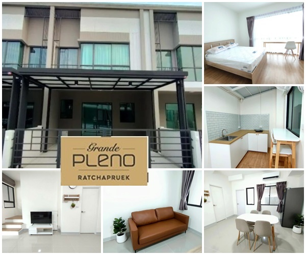 For RentTownhouseNonthaburi, Bang Yai, Bangbuathong : 2-story townhome for rent *Furniture ready to move in* Grande Pleno Village, Ratchaphruek, near Denla International School, MRT Purple Line.