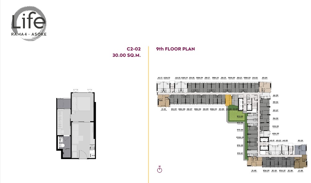 For SaleCondoKhlongtoei, Kluaynamthai : Life Rama 4-Asoke, 1 bedroom, 30 sq m, city view + garden view, 9th floor, special price 3.99 million baht (garden view in front of the room on the 9th floor)