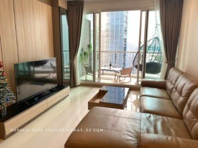 For RentCondoRama3 (Riverside),Satupadit : Condo for rent, closed kitchen, river view, 1 bedroom Supalai Riva Grande Rama 3 (Supalai Riva Grand Rama 3) 62 sq m. Beautifully decorated, good leather sofa.