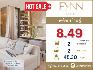 For SaleCondoSukhumvit, Asoke, Thonglor : 🔥 Ready to move in + free furniture 🔥 FYNN ASOKE, luxury condo in the heart of Asoke, 2 bedrooms, 2 bathrooms, 45.3 sq m, 7th floor, pool view
