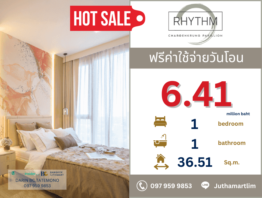 For SaleCondoSathorn, Narathiwat : 🔥 RHYTHM Charoenkrung Pavillion 1 bedroom, 1 bathroom, 35 sq m, 9th floor, river view.