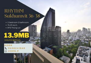 For SaleCondoSukhumvit, Asoke, Thonglor : 📌 Best price of RHYTHM Sukhumvit 36-38 📌 2 bedrooms, large room, 76 sq.m., fitted room, high floor, very beautiful view