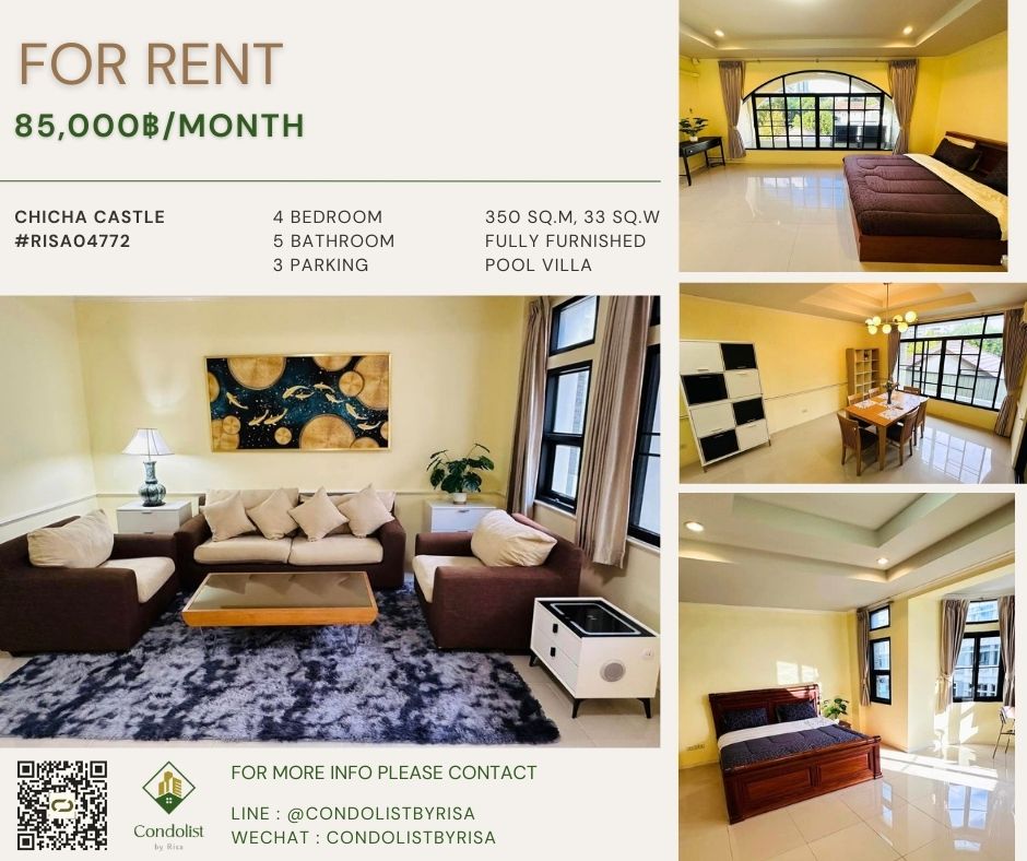 For RentTownhouseSukhumvit, Asoke, Thonglor : Risa04772 Single house for rent, Chicha Castle Village, Sukhumvit 31, 400 square meters, 4 bedrooms, 5 bathrooms, 1 maid's room, only 85,000 baht.