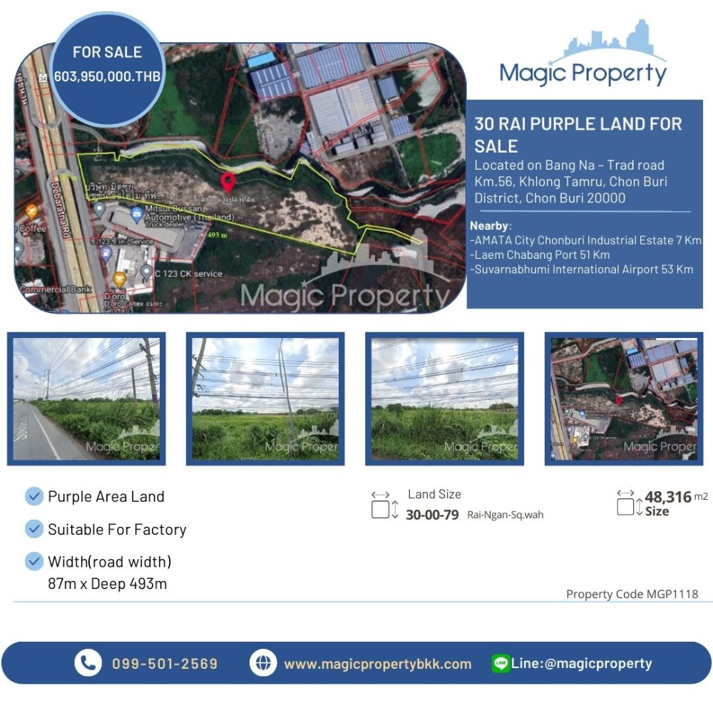 For SaleLandBangna, Bearing, Lasalle : 30 Rai Purple Area Land For Sale on Bang Na – Trad Rd Km.56, Khlong Tamru, Chon Buri