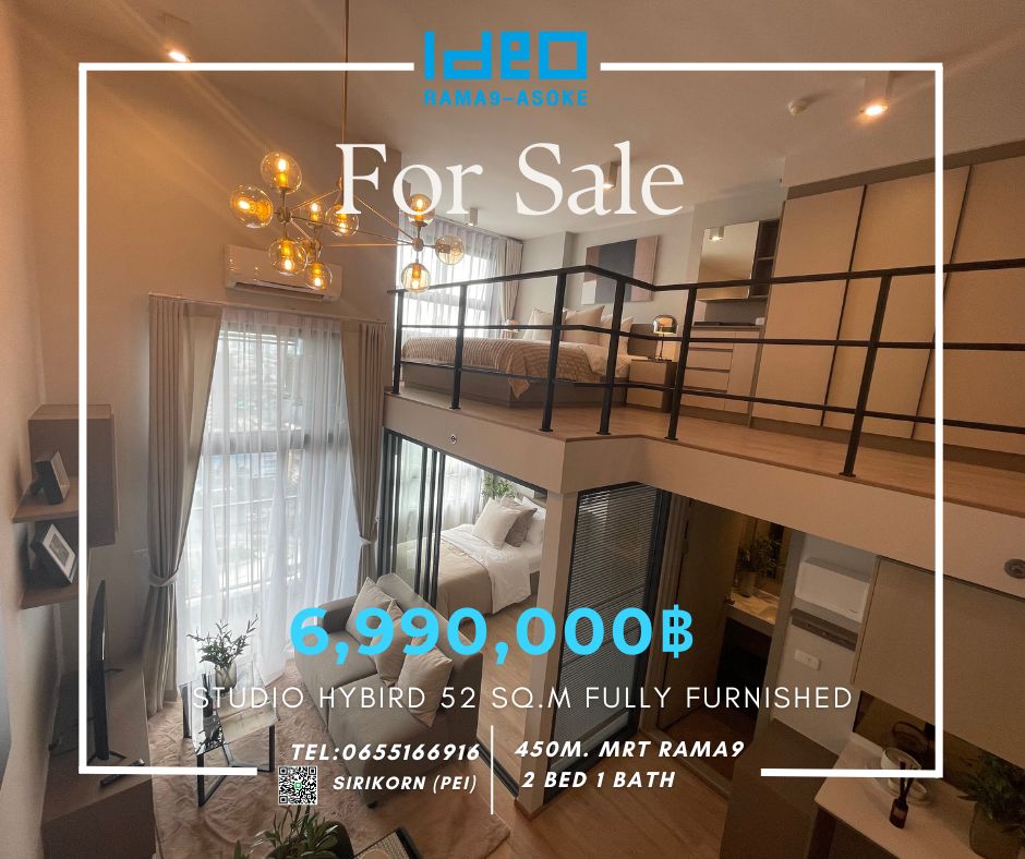 For SaleCondoRama9, Petchburi, RCA : Fully furnished room for sale, Ideo Rama9-Asoke, near Mrt rama9, New CBD location, One bed hybrid room, price 6.99 million, 51.911 Sq.m