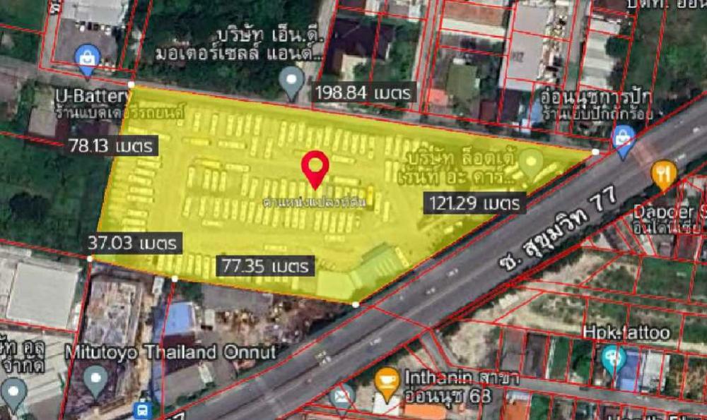 For RentLandPattanakan, Srinakarin : Land For Lease: Prime Location on On Nut Road, Adjacent to On Nut - Sukhumvit Road, Near BTS Sri Nut Station (Yellow Line), Only 500 Meters Away. Ground Has Been Leveled, Total Area of 8 Rai.