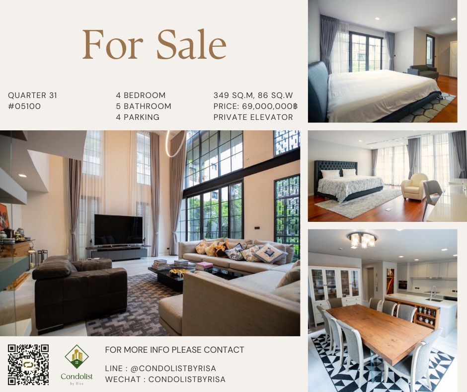 For SaleTownhouseSukhumvit, Asoke, Thonglor : Risa05100 Townhome for sale, 5 floors, Quarter 31, 425 square meters, 41.6 square meters, 4 bedrooms, 5 bathrooms, private elevator, only 69 million baht.