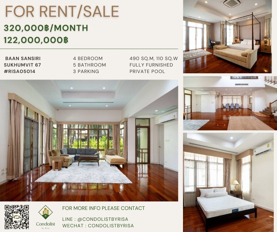 For RentHouseOnnut, Udomsuk : Risa05014 Baan Sansiri for rent, Sukhumvit 67, 490 square meters, 110 square wah, 4 bedrooms, 5 bathrooms, 320,000 baht.