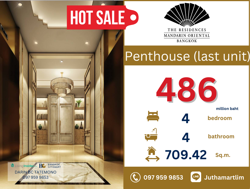 ขายคอนโดวงเวียนใหญ่ เจริญนคร : 🔥 The last unit of Penthouse Duplex🔥 The Residences at Mandarin Oriental Bangkok 4 bedrooms 709.42 ตร.ม. ชั้น 51 - 52 ราคา 486,000,000 บาท ติดต่อ 0979599853