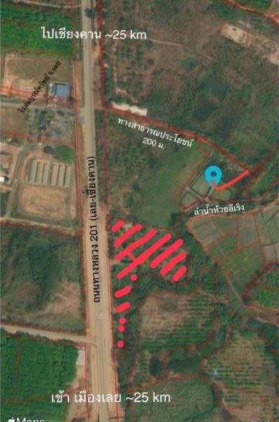 For SaleLandLoei : House for sale with land, front of the land next to the main road. Behind Huai I Roeng, Loei Province, 7 rai.