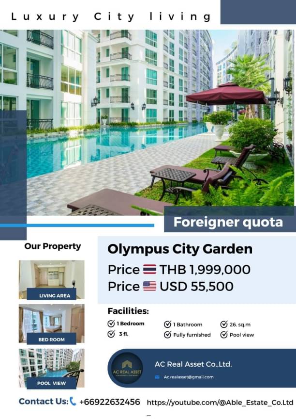 For SaleCondoPattaya, Bangsaen, Chonburi : ์Newest pool view with furnished on the best center south pattaya Olympus City Garden pattaya