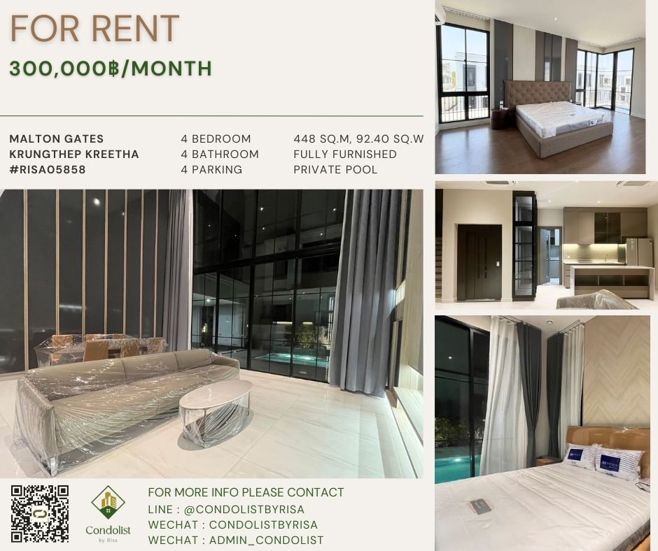 For RentHousePattanakan, Srinakarin : Risa05858 Single house for rent, Moulton Gates Krungthep Kreetha, 4 bedrooms, 4 bathrooms, 448 sq m, has a private elevator, only 350,000 baht.