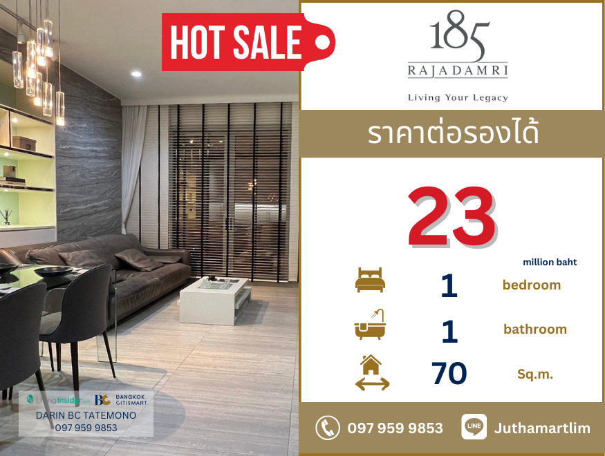 For SaleCondoWitthayu, Chidlom, Langsuan, Ploenchit : 🔥Price negotiable🔥 Four Seasons Private Residences Bangkok, 13th floor, size 70 sq m, 1 bedroom, 1 bathroom, price 23 million baht, contact 097-959-9853