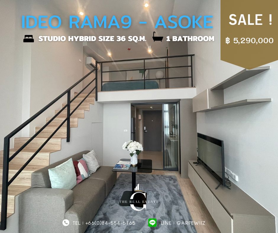 For SaleCondoRama9, Petchburi, RCA : Fully furnished condo near MRT Rama 9 🚆1 Bedroom Hybrid, ground + top area 36.45 sq m, ceiling height 4.5 meters, special price only 5,290,000 baht, 30th floor, can borrow 💯 %