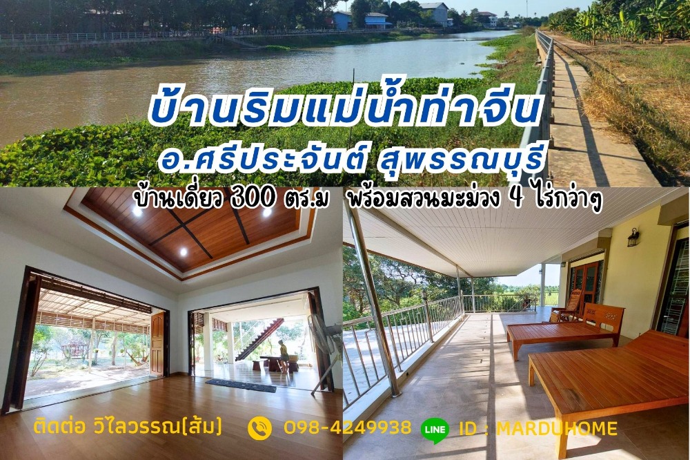 For SaleHouseSuphan Buri : Single house next to the Tha Chin River, very beautiful, for sale with mango orchard, area of ​​over 4 rai, Wang Nam Sap Subdistrict, Si Prachan District, Suphan Buri Province.