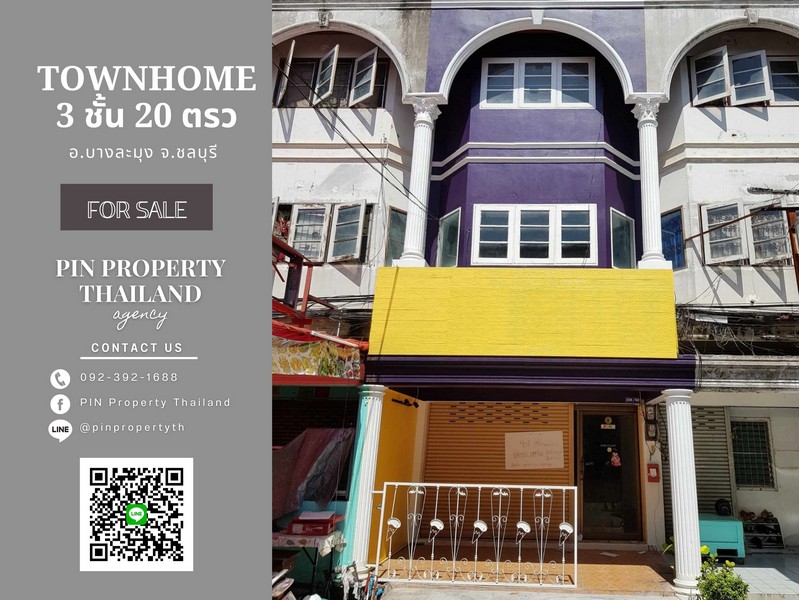 For SaleTownhousePattaya, Bangsaen, Chonburi : S-00091 Townhome for sale, size 20 sq m, 3 floors, renovated, ready to move in