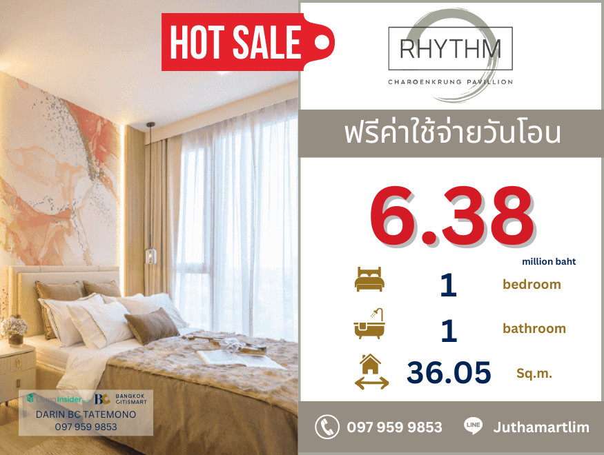 For SaleCondoSathorn, Narathiwat : 🔥Buy directly to the project🔥 RHYTHM Charoenkrung Pavillion 1 bedroom, 1 bathroom, 36.05 sq m, 10th floor, price 5,965,000 baht, contact 0979599853